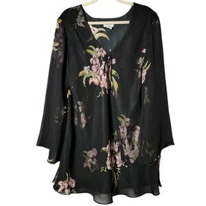 Avenue Womens Black Floral Cottagecore Whimsigoth Fairy Grunge Sheer Top 26/28